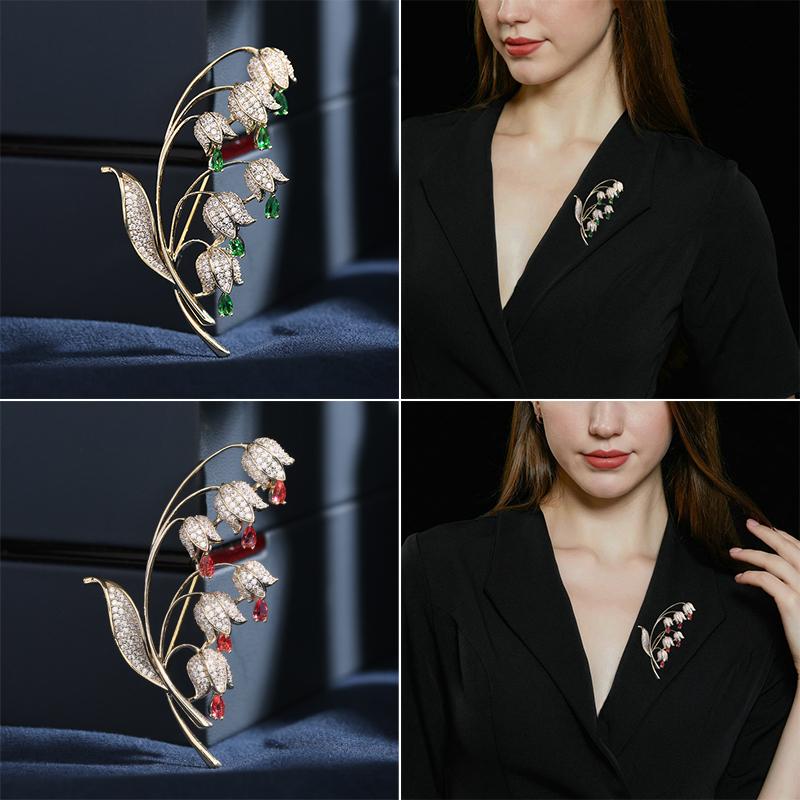 Lucky Star Jewelry Women's Silver Green Suyu Luxury Copper Micro Inlaid Cubic Zirconia Bell Lily Of The Valley Brooch Wedding Zircon Gifts Clothing Accessories