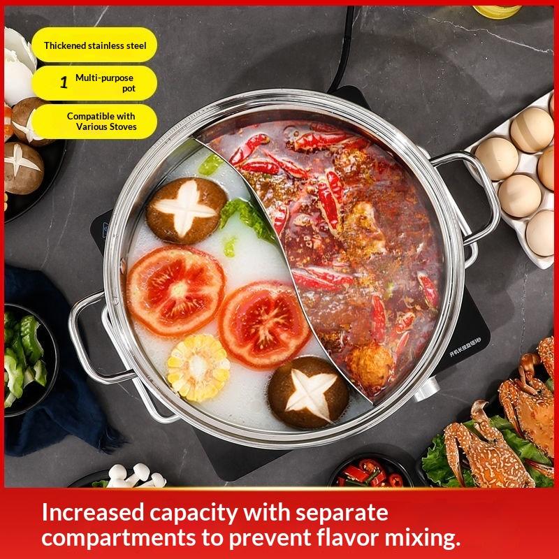 Dual Flavor Hot Pot 304 Stainless Steel Large Capacity Thickened Household Soup Pot Compatible with Induction Cooktop Gas