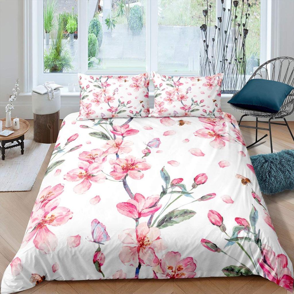 Peach Blossom Duvet Cover Set King Size Microfiber Pink Floral Bedding For Teens Women Twin Comforter Cover
