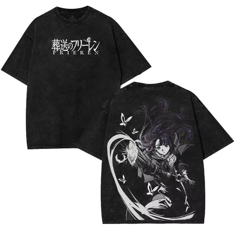 Gothic Washed Frieren Beyond Journey's End Printed T‑Shirt Anime Manga Retro Graphic Oversized Short Sleeve Casual Streetwear Cotton Tee For Men Women
