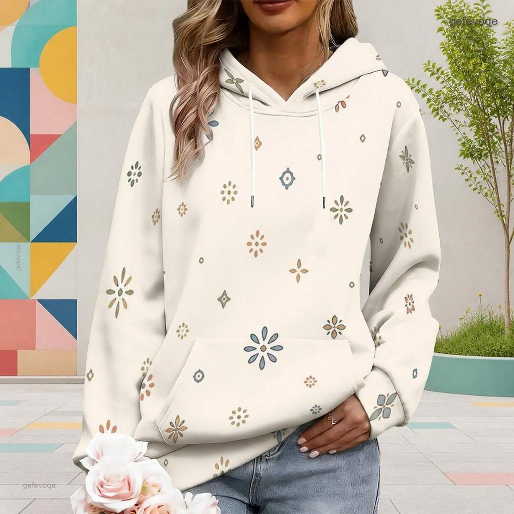 Women Plus Size Long Sleeve Drawstring Hoodie Geometric Printed Kangaroo Pocket Pullover
