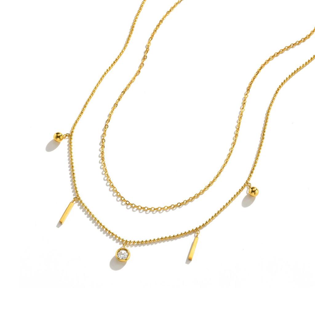 Trendy Stainless Steel Zircon Double-Layer Necklace, Gold Plated Beads Chain Charm Necklace, Luxury Delicate Jewelry for Women