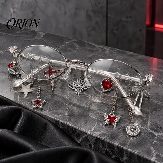 Personalized Styling Eyewear Aesthetic Oval Fake Glasses with Pendant, Anti-Blue Light Decorative Metal Fashion Eyewear, for Teen Girls Butterfly Star