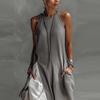 Women's Sleeveless Color Block Off-the-Shoulder Casual Dress with Pockets