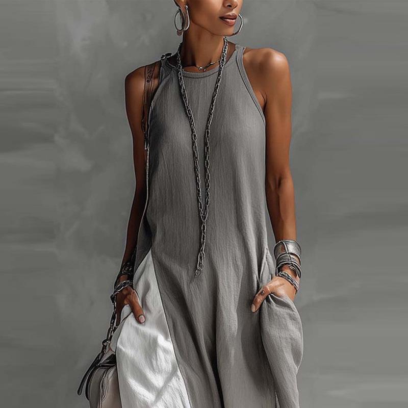 Women's Sleeveless Color Block Off-the-Shoulder Casual Dress with Pockets