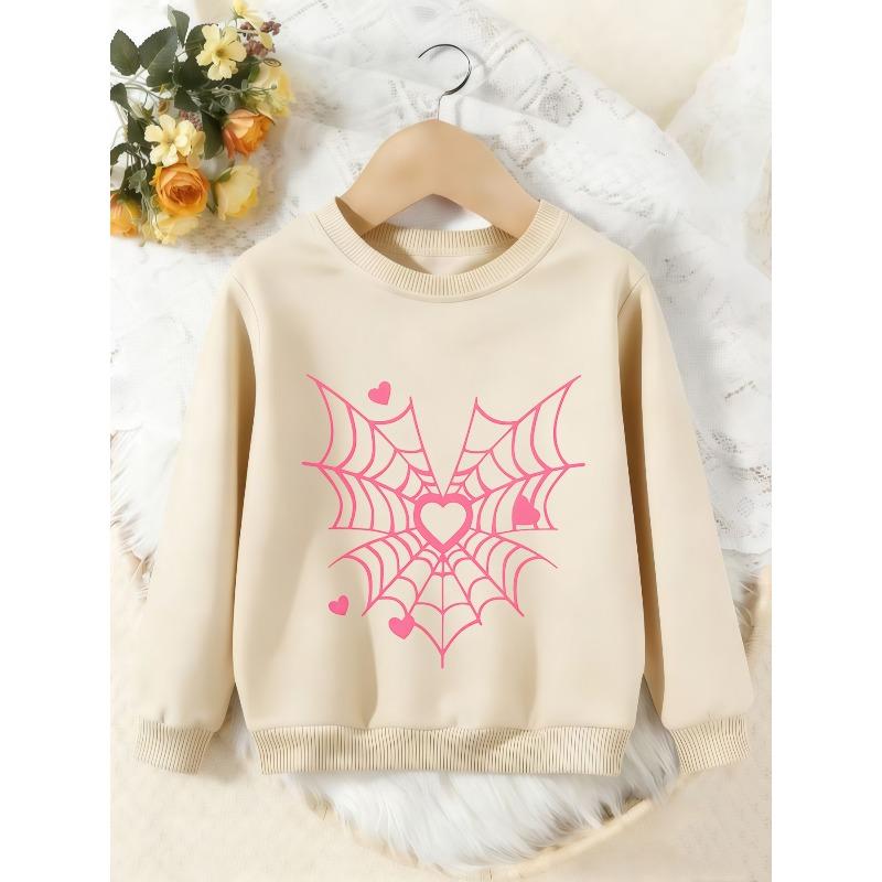 Unisex Kids Crewneck Sweatshirt, Pink Heart Spider Web Print Pullover, Boys Girls Gothic Valentine Casual Sweatshirt For Kids Over 4 Years Old