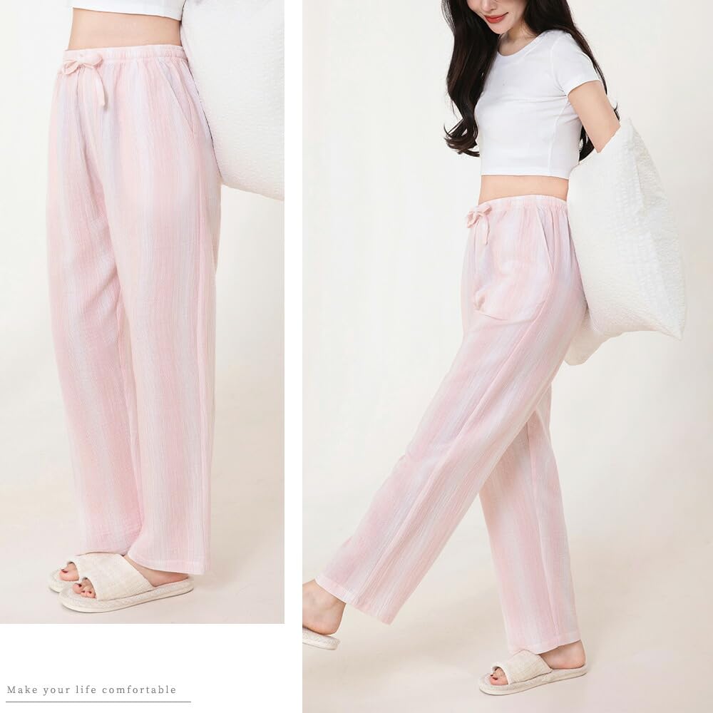 Yes Family Double Gauze Pajama Straight Striped Size Pink Women's Pants, 100% Cotton, Fit, Pattern, M,