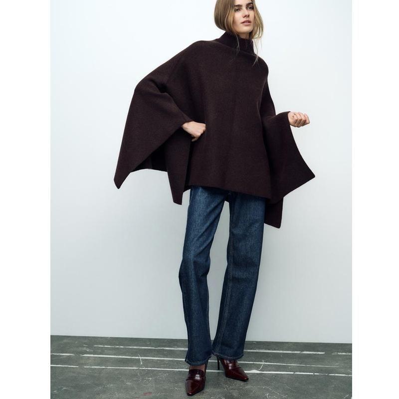 Autumn and Winter New Women Clothes Western Style Blended Fabric Asymmetric Stand Collar Knitted Cape Coat 3739027