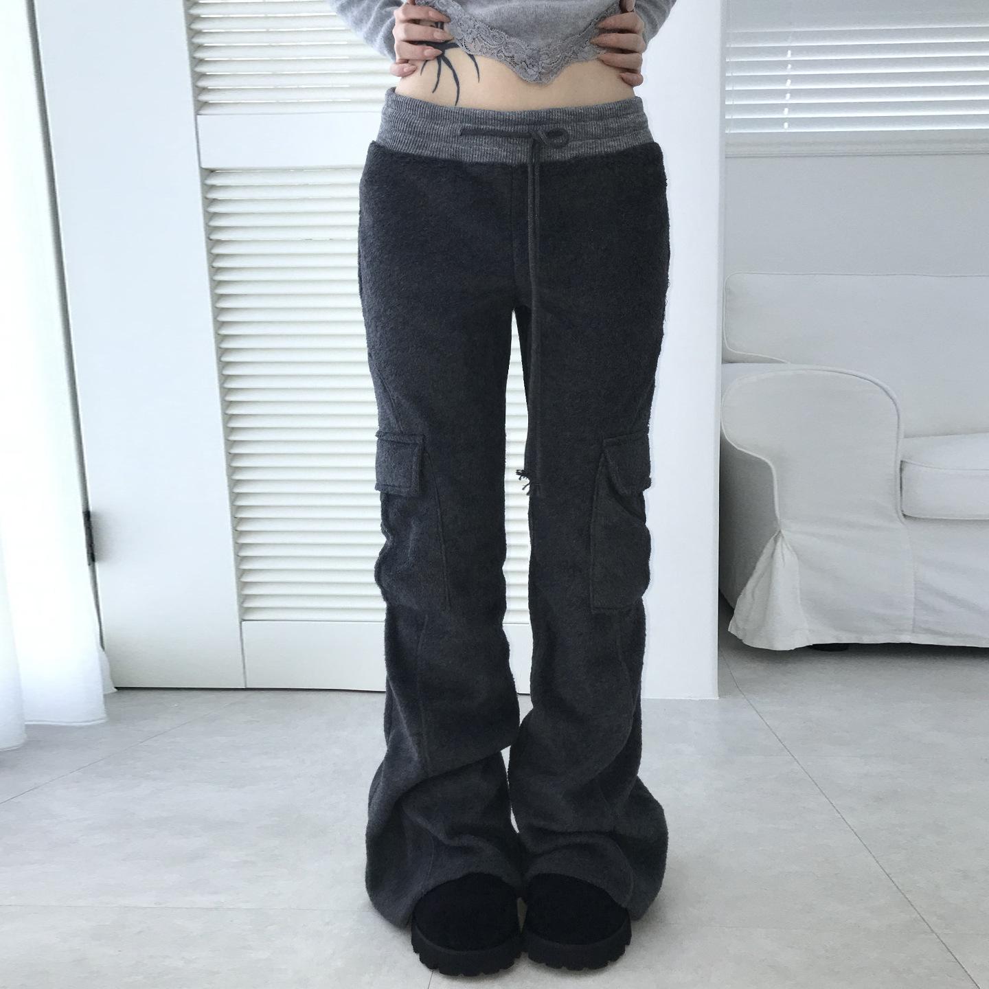 Street Style Women s Patchwork Knit Drawstring Slim Fit Pants Large серый