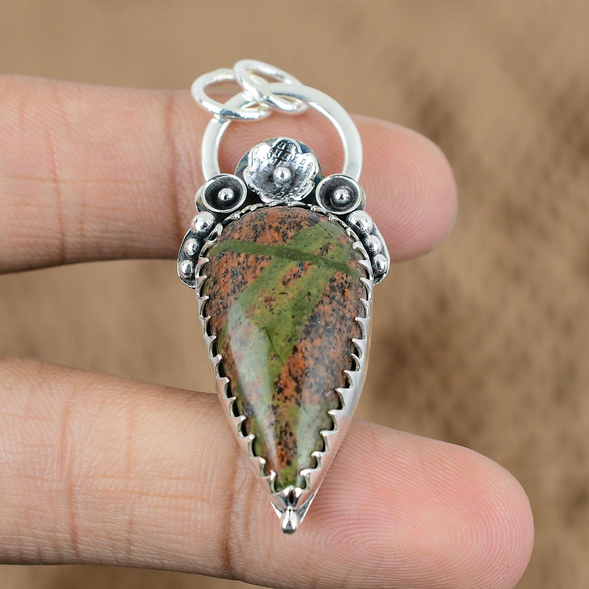 

Natural Unakite Gemstone Pendant Flower 925 Sterling Silver Indian Jewelry