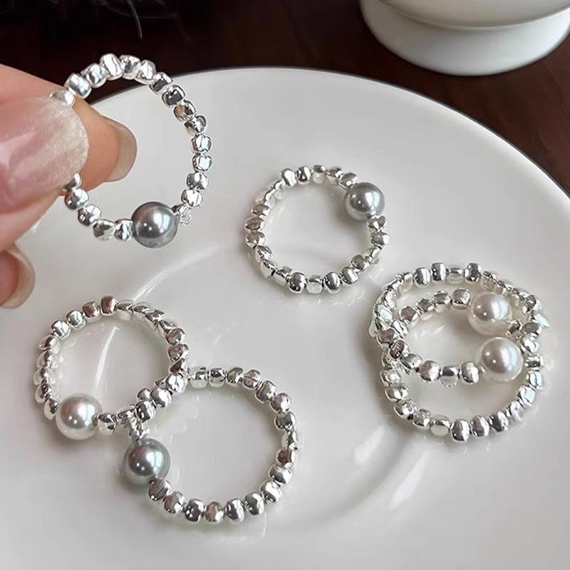 Art Deco Geometric Crushed Irregular Ring Handmade Beaded Elastic S-band Temperament Personality 100% Match Women's Index Finger Ring