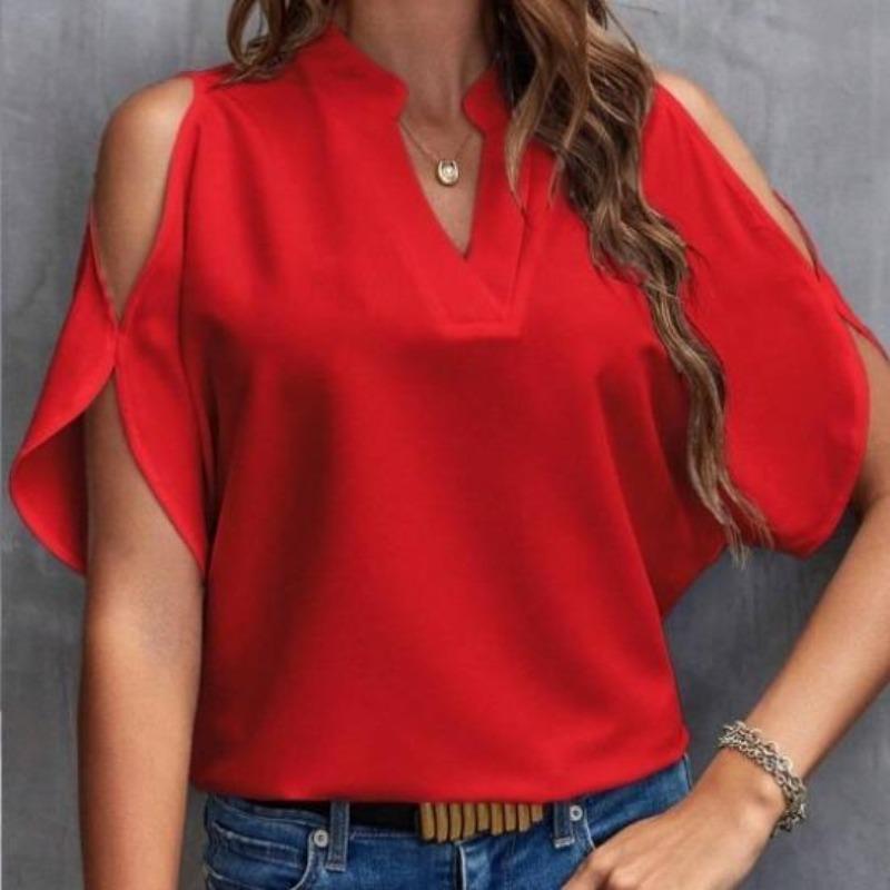 EastRogue Women's Summer Solid Color V-neck Off-the-shoulder Loose Chiffon Top