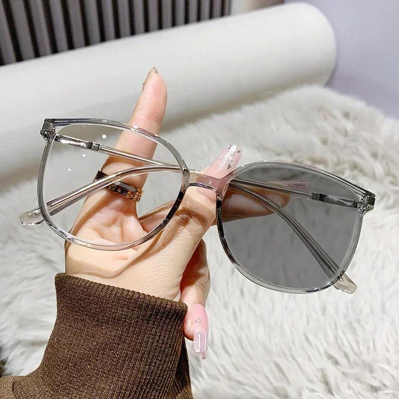 Blue Light Blocking Photochromic Reading Glasses Vintage Round Frame for Women Men Far Sight Eyewear Sunglasses