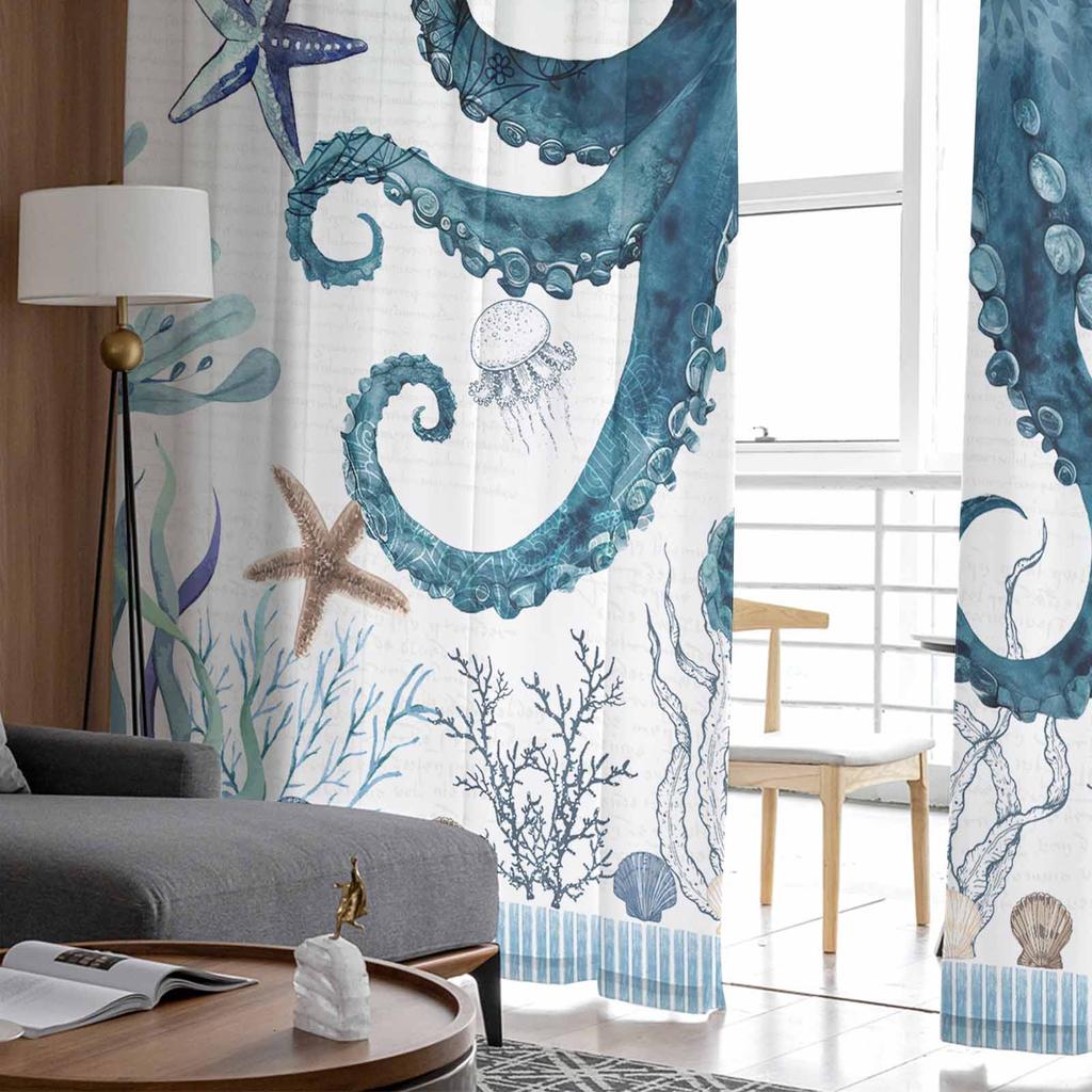 Summer Marine Life Coral Sea Turtles Window Tulle Curtains for Living Room Bedroom Hotel Luxury Decoration Sheer Curtains