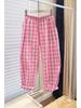 2025 Koreanischer Stil Rosa Karomuster High-Waist Slim Fit Damenhose