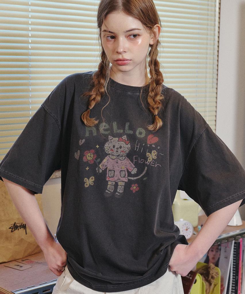 CPGN STUDIO Hello Flower Pigment Short Sleeve T-Shirt Smoke Black