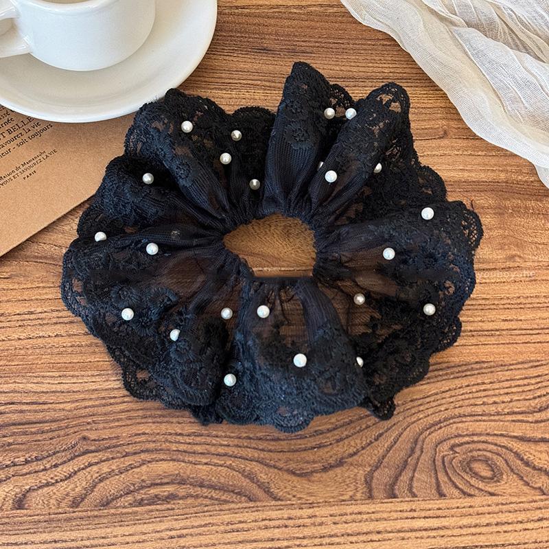 

Сладкая однотонная кружевная резинка-скранчи для волос с жемчугом для женщин и девушек, элегантная резинка для волос, эластичная резинка для волос, резинка, аксессуары для волос