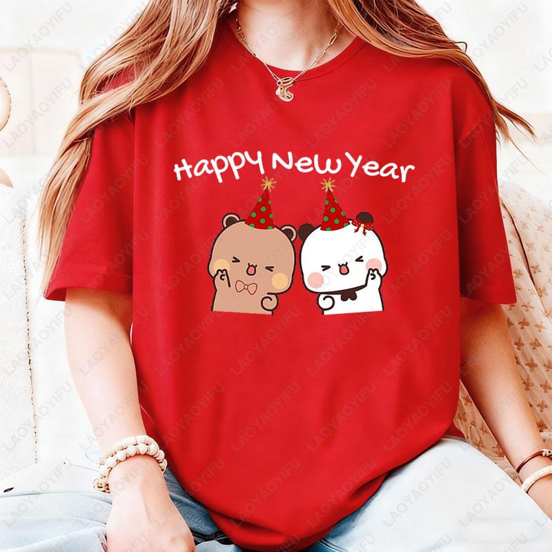 Happy New Year Bubu Dudu Emoticon Graphic Tshirt Trendy Fun New Year Tees Fashion Streetwear Cartoon Holiday Party Cotton Tees