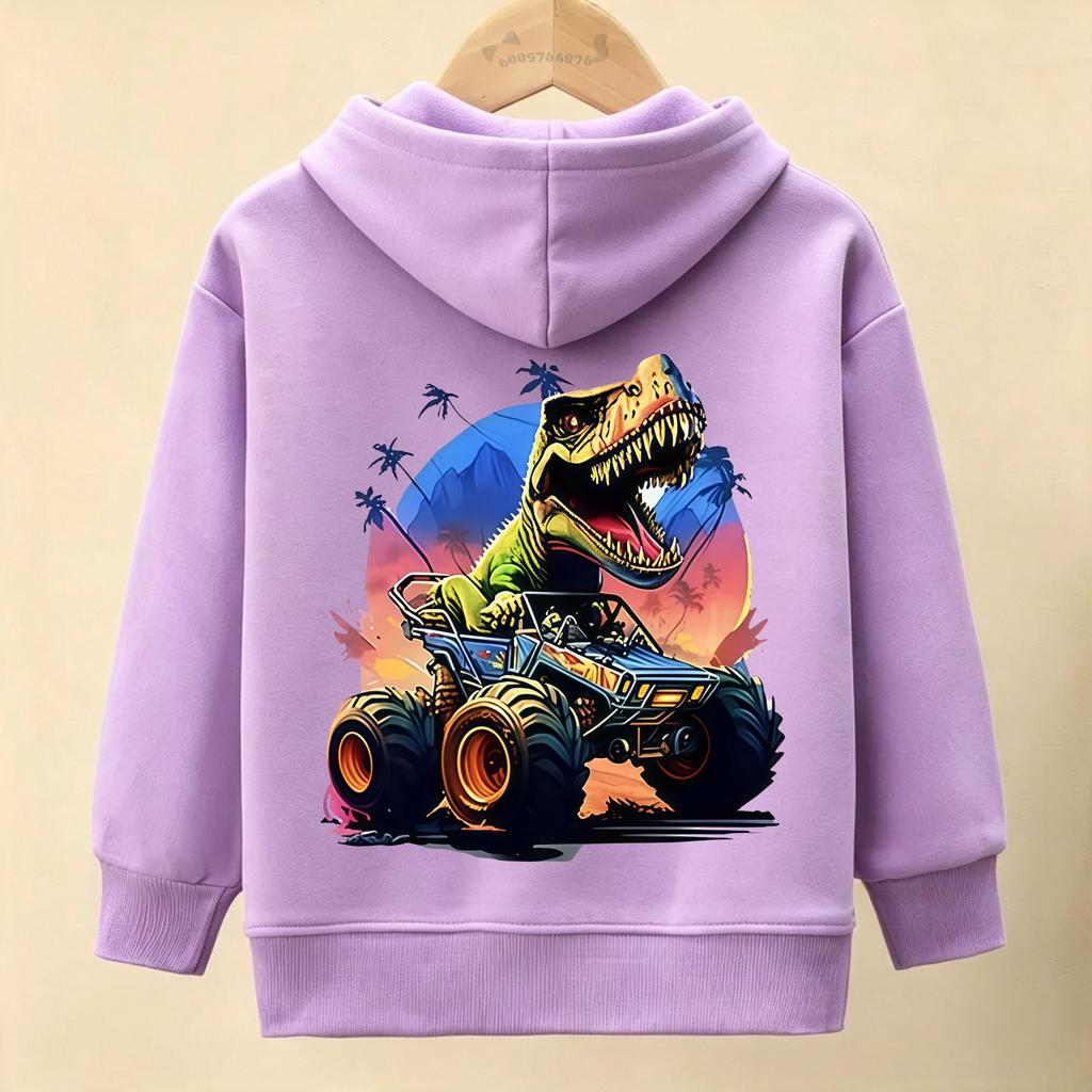 Spring and Summer Children's Fun Dinosaur Car Casual Hooded Sweatshirt - Boys' and Girls' Round Neck Cute Breathable Top