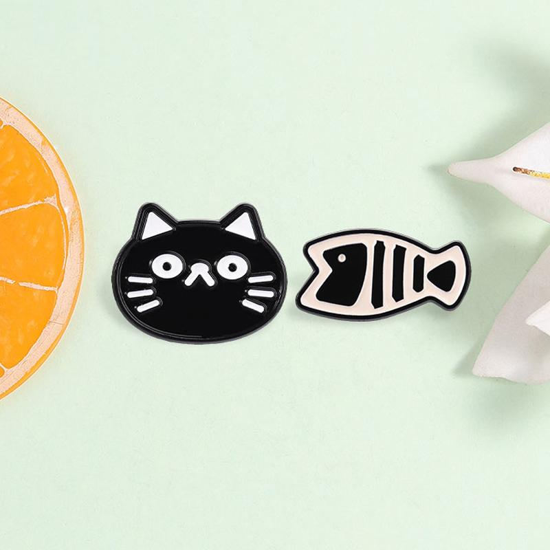 Cartoon Black Cat Enamel Pins Fishbone Funny CP Combo Cute Animal Brooches Lapel Backpack Badge Fashion Jewelry Gift for Friends