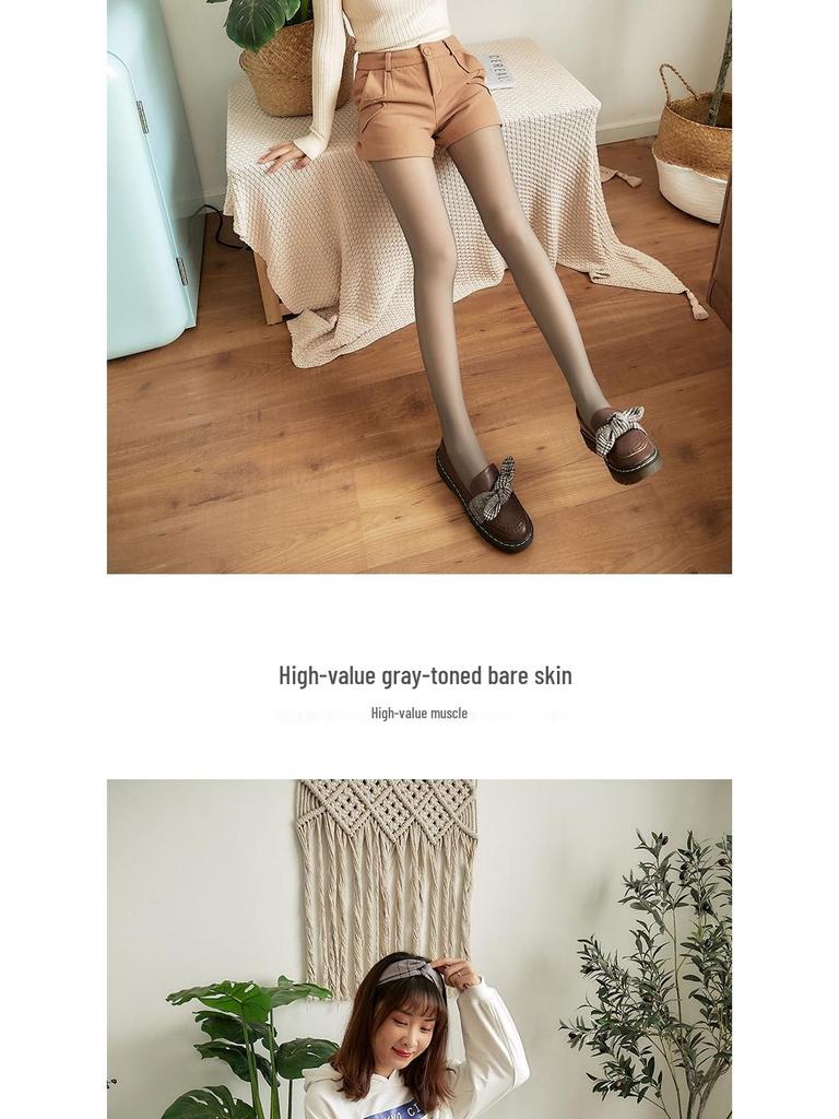 Stewardess Grey Sheer Plus Size Leggings with Faux See-Through Fleece-Lined Pantyhose for Autumn/Winter