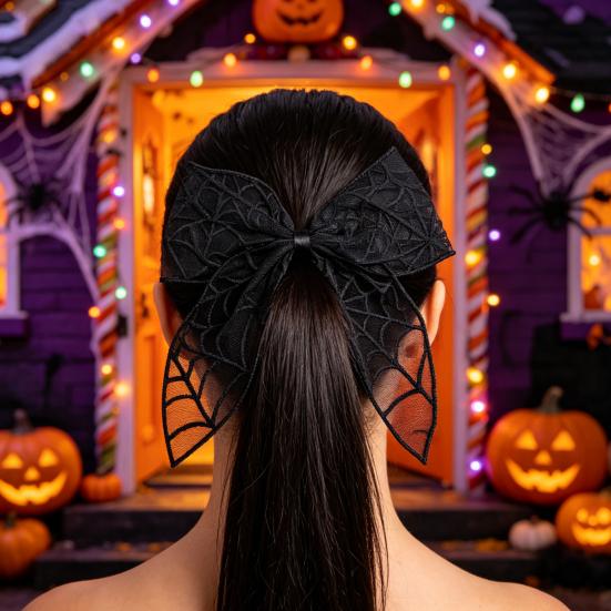 Holiday Themed Hair Clip Halloween Bat Mesh Bow Spring Clips, Black White Lace Spider Web Accessories Barrettes, Gothic Dark Style for Women
