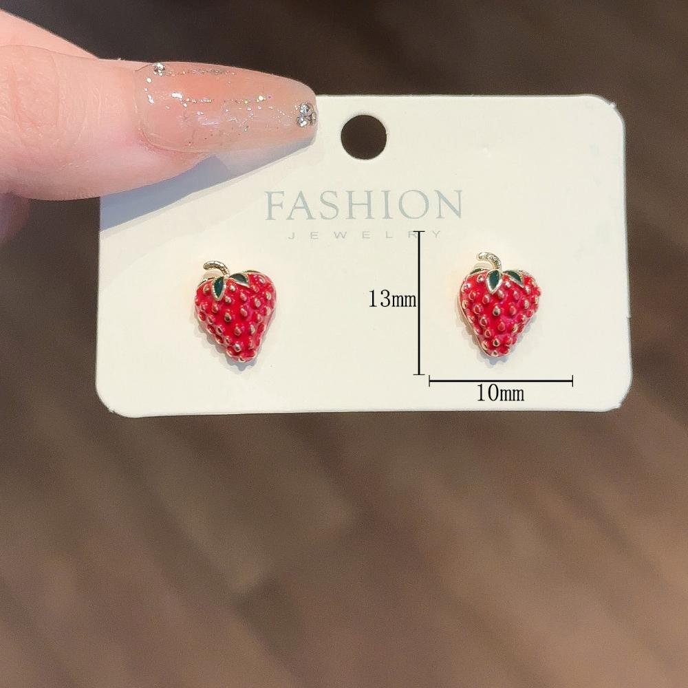 Cute Sweet Red Enamel Strawberries Small Stud Earrings for Women Girls New Korean Trendy Charm Fruit Jewelry Accessories Gifts