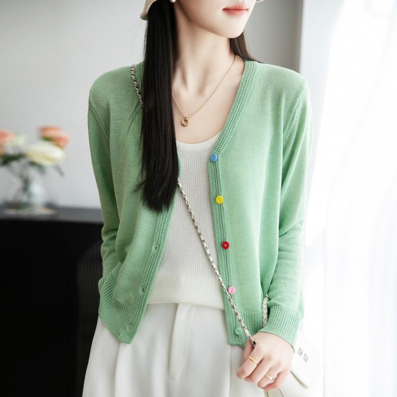 Summer Thin Bamboo Joint Linen V-neck Cardigan Light One Tone Sweater Versatile Air Conditioning Blouse Sunscreen Jacket