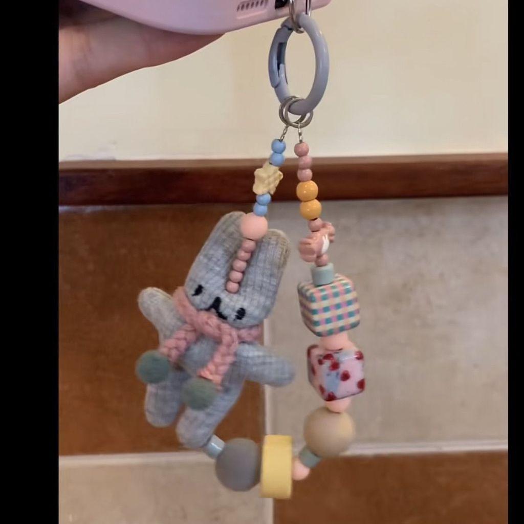 Handmade Pvc Knitted Bunny Phone Strap With Keychain For Daily Use