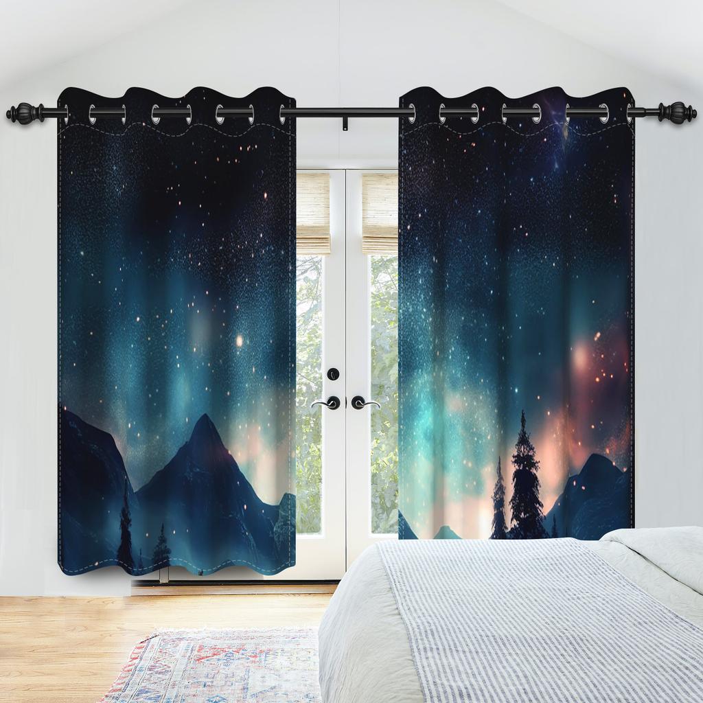Blackout Dreamy Starry Sky Printed Curtain Galaxy Aurora Cosmic Night Kids Bedroom Living Room Study Decor Set Of 2 Made Polyester Washable Ready