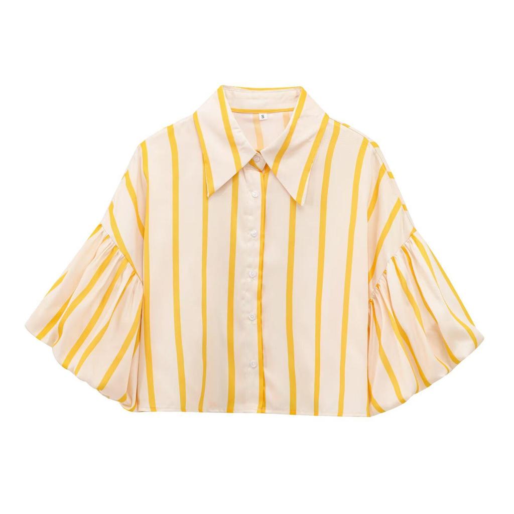 Spring 2025 Women's European & American Style Loose Puff Sleeve Print Shirt