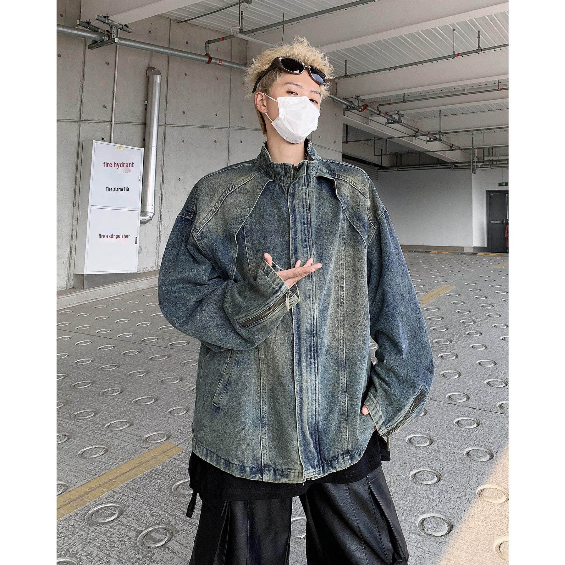 

Men s Autumn Yellow Mud-Dyed Denim Stand Collar Jacket - Heavyweight, Cool, Loose-Fit Zipper Outerwear XL синій