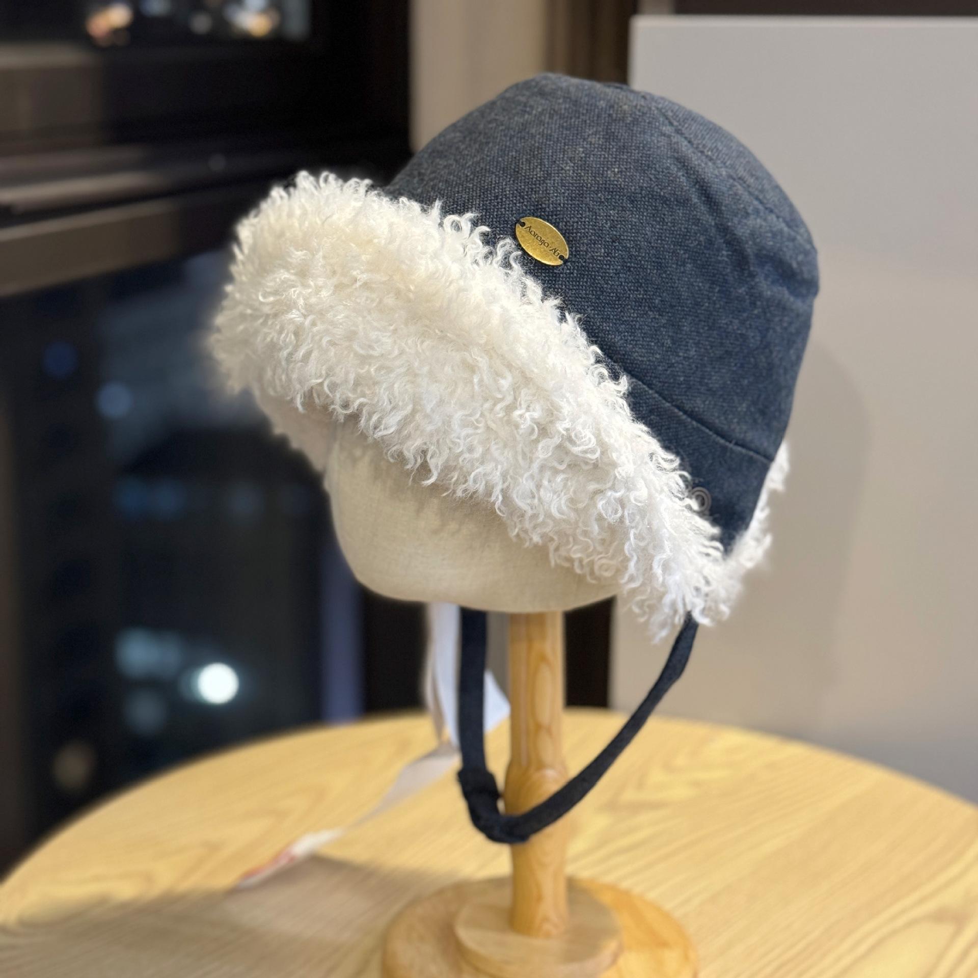 

New winter plush and thickened warm cotton hat for women, cute Lolita teddy fleece casual windproof Lei Feng cap Adult54-60Average Size темно-синього кольору