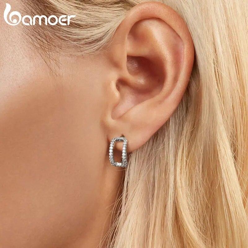 BAMOER White Gold Plated Huggie Earrings Small Hoop Earrings for Women, 925 Sterling Silver Hypoallergenic CZ Earrings