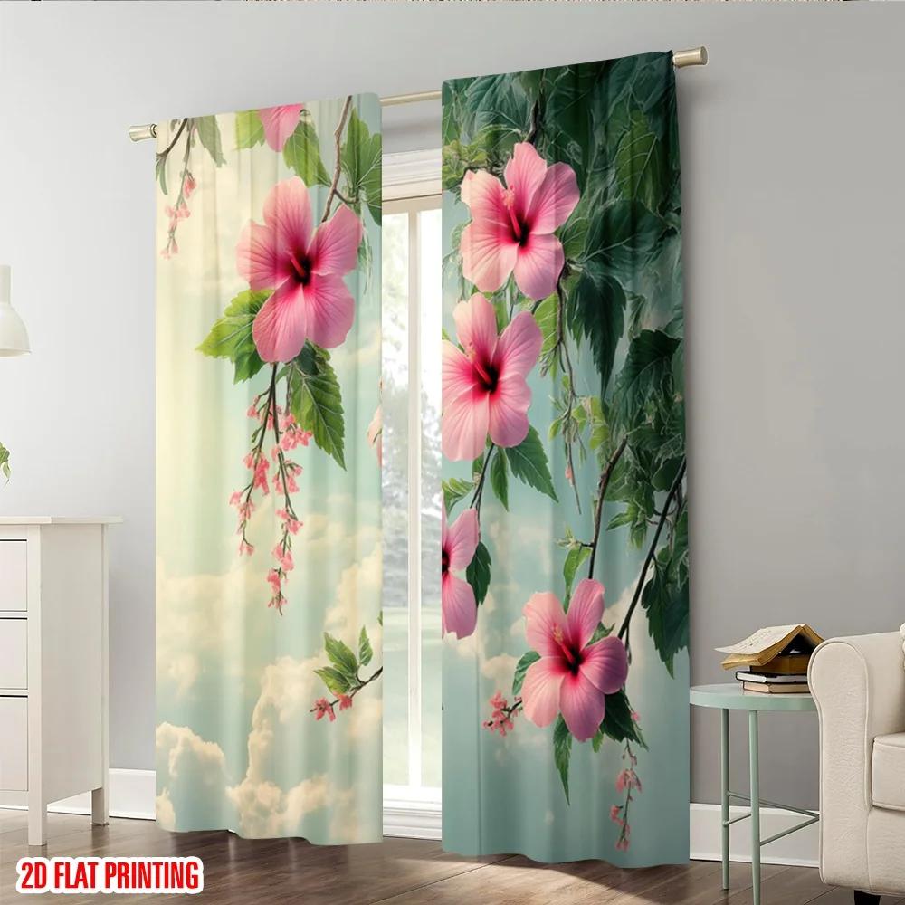 Set Of 2 Plane Printing Curtain Popular Hibiscus Dream Polyester Without Rod Art Deco Festive Perfect Living Room Ideal For Area