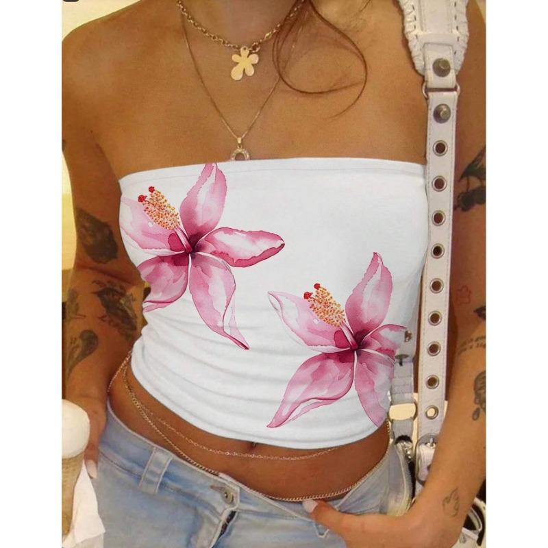 Mode Ärmelloses Bedrucktes Sommer Schlauchtop Lässig Elegant Figurbetontes Kurzes T-Shirt Lässige Einfache Crop Tops Damen Streetwear Trägerloses Top Damenbekleidung