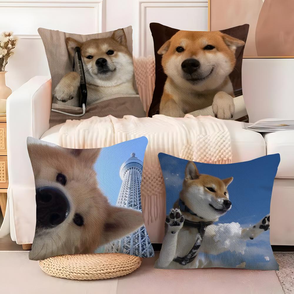 Cute Shiba Inu Cushion Cover Soft Plush Fabric Double-Sided Printed Sofa Cushion Cover for All Seasons Home Decor Gift