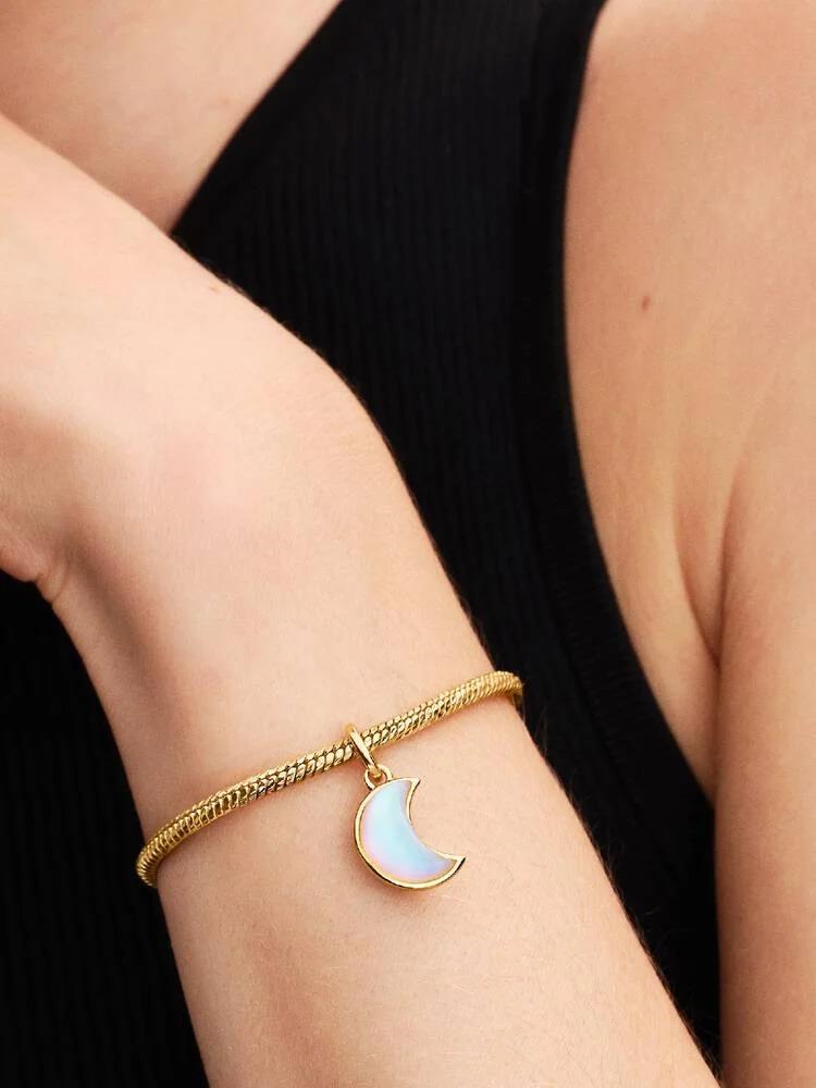 Pandora Sparkling Crescent Moon Dangle Charm – 14k Gold Plated & Iridescent Moonstone Crystal – 764275C01