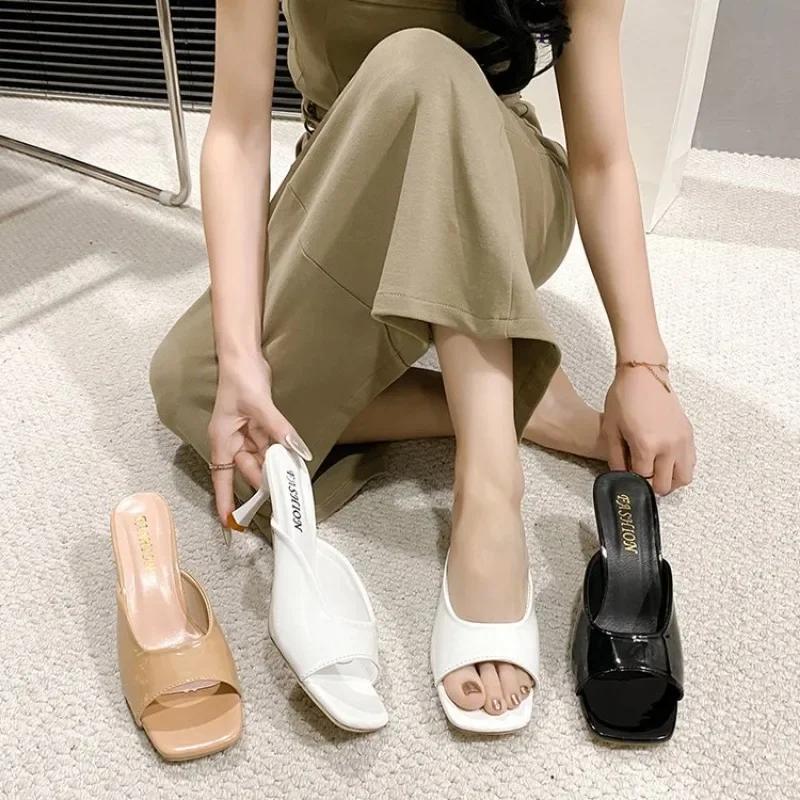 2024 Summer New Women Shoes Fashion Square Head Thin High Heel Sexy Slippers  sandals Zapatos De Mujer sandalias