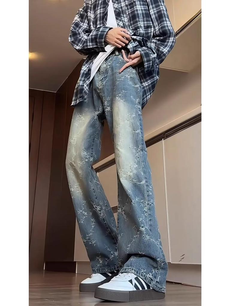 Hong Kong trendy men's summer new personalized letter jeans hip hop ins trendy high street trendy ruffian handsome trousers