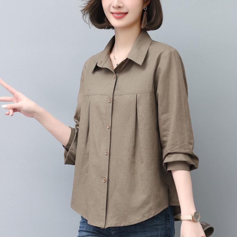 

Women s Spring & Autumn 2024 Cotton-Linen Shirt: Middle-Aged Style, Loose Fit, Slimming, Long-Sleeved, Casual. XL
