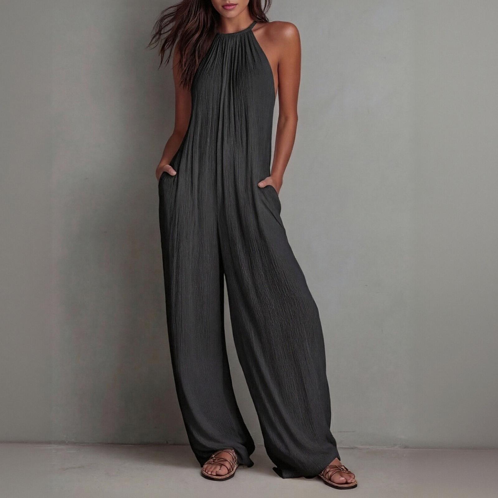 

Women’s Casual Loose Fit Pleated Backless Wide Leg Jumpsuit with Sleeveless Design and Relaxed for Everyday Wear L чёрный