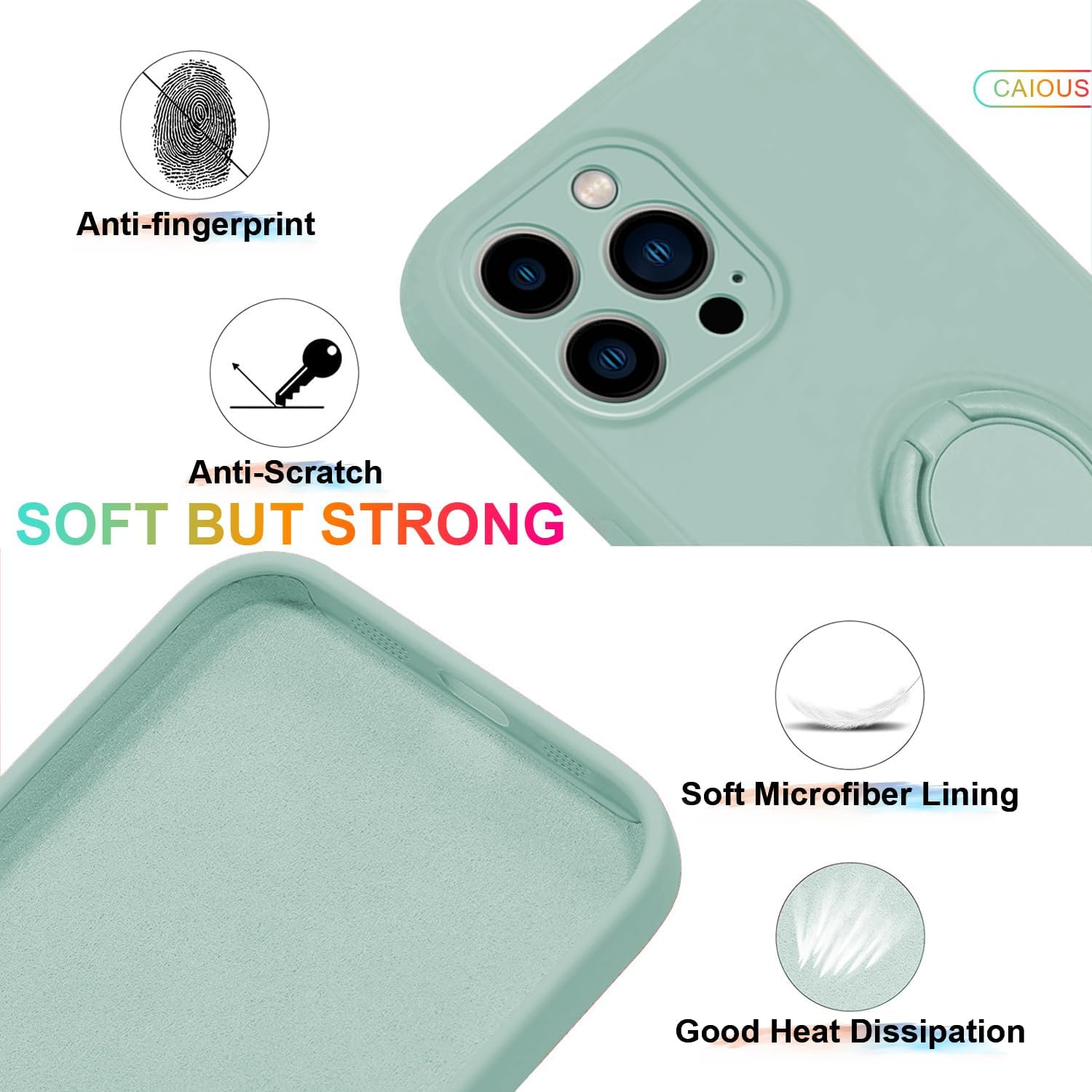 

For iPhone 16 Pro Silicone Case with Strap Ring Kickstand Phone Cover Light Green