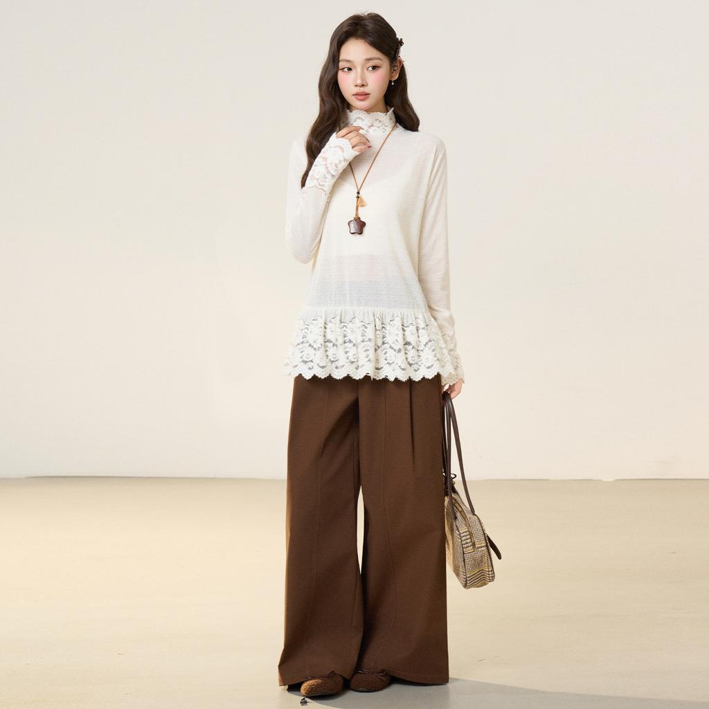 Xiaoxiangfeng Lace Fungus Edge Semi-turtleneck Knitted Sweater Women's Autumn and Winter Long-sleeved T-shirt with Bottoming Shirt Top