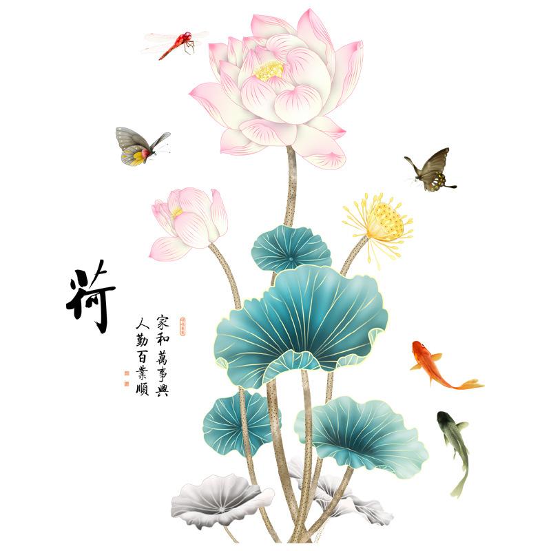 Chinese Style Hand Painted Lotus 3D Wall Sticker Self Adhesive for Living Room Background Wall Decor Vintage Art Home Decoration