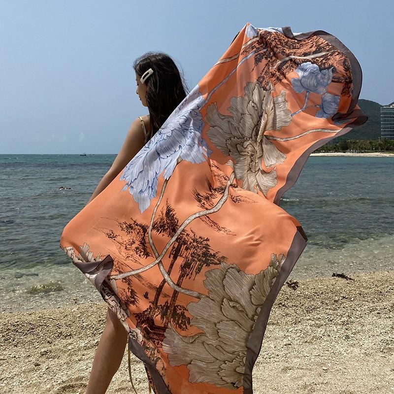 Long Silk Scarf Spring and Summer Thin Style Printed Scarf Beautiful Brocade Lotus Shawl Imitation Silk Scarf Gauze Scarf