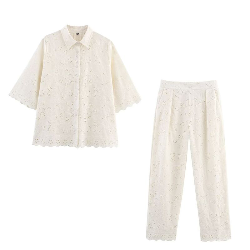 Kaslead New Women clothes Western Style Hollow Embroidery Shirts Casual Trousers 2731063 2731064