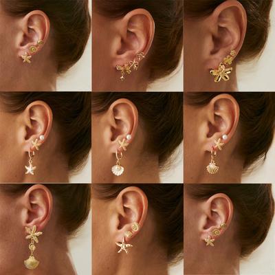 Daily High-end Sense Ocean Breeze Starfish Shell Pendant Stud Earrings Fashion Metallic Bow Ear Button Ear Clip Women