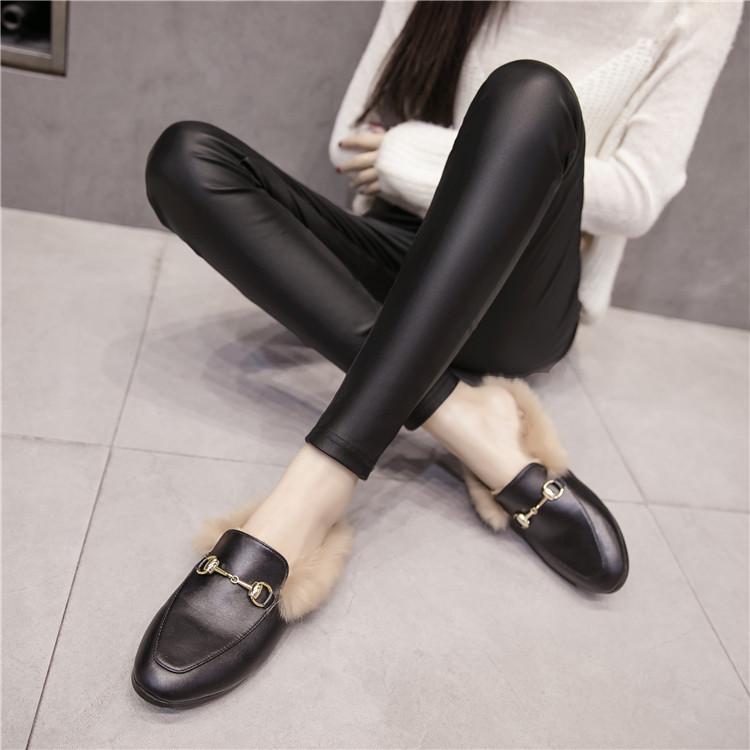 Korean Style Fleece-Lined PU Matte Leather Skinny Leggings with Single/Double Buttons