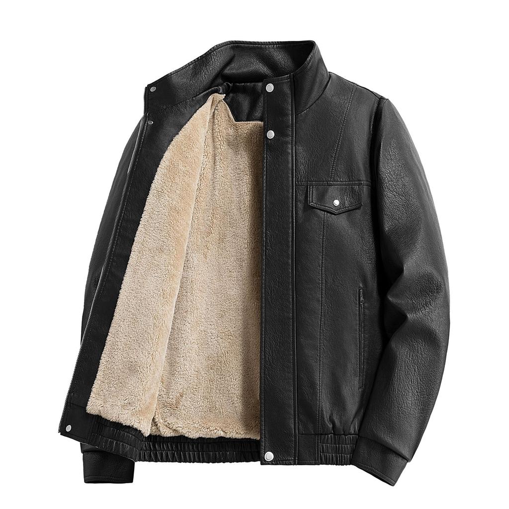 Fleece thickened American retro PU leather jacket men's winter loose trendy brand large size jacket top men's coat